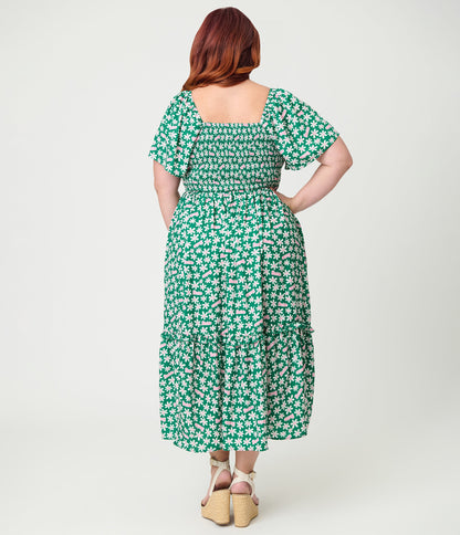 Barbie™ x Unique Vintage Plus Size Green Ditzy Daisy Smocked Midi Dress