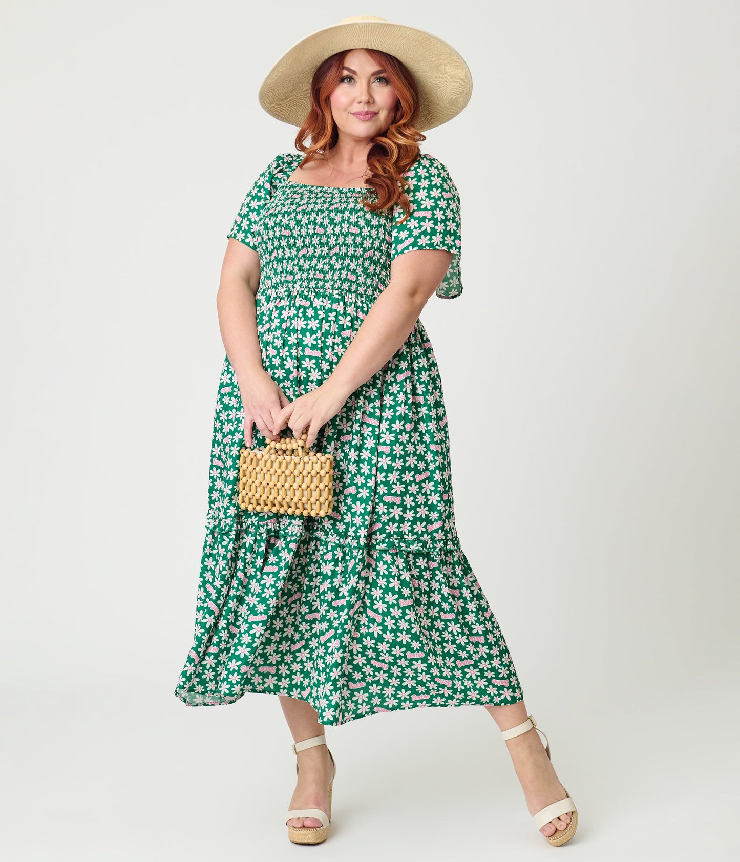 Barbie™ x Unique Vintage Plus Size Green Ditzy Daisy Smocked Midi Dress