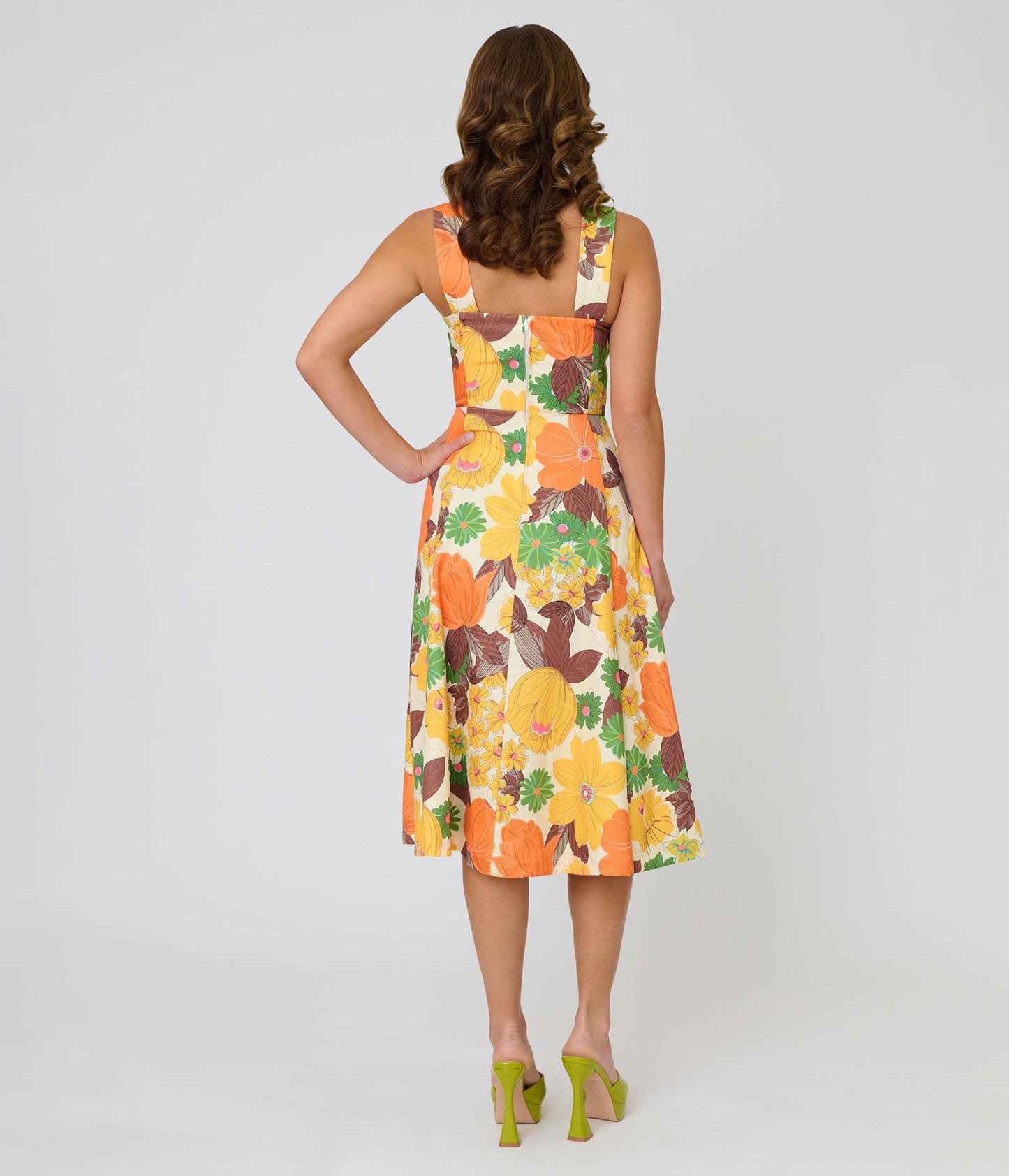 Unique Vintage Orange Floral Picnic Perfect Midi Dress