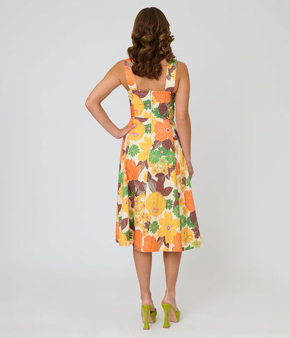 Unique Vintage Orange Floral Picnic Perfect Midi Dress