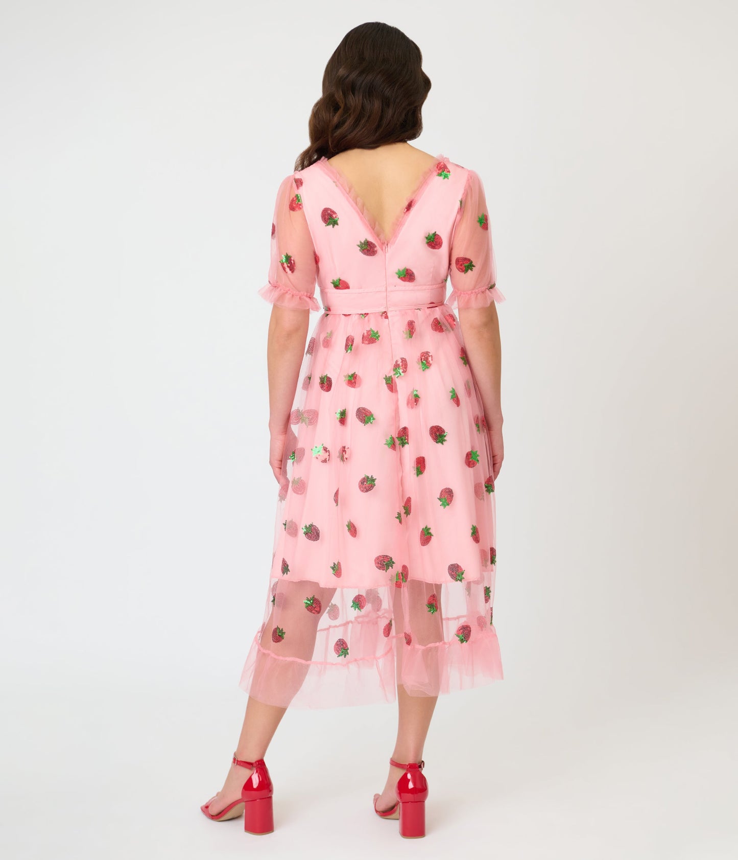 Pink Strawberry Sequin Mesh Midi Dress