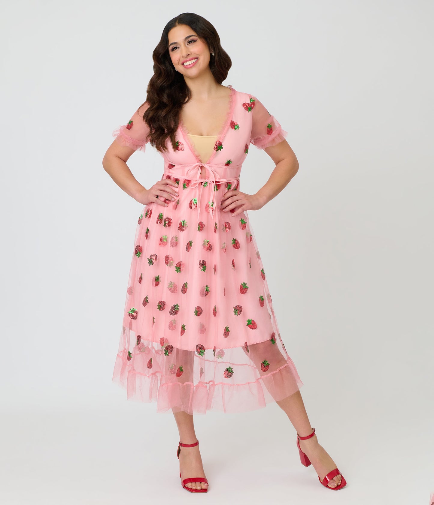 Pink Strawberry Sequin Mesh Midi Dress