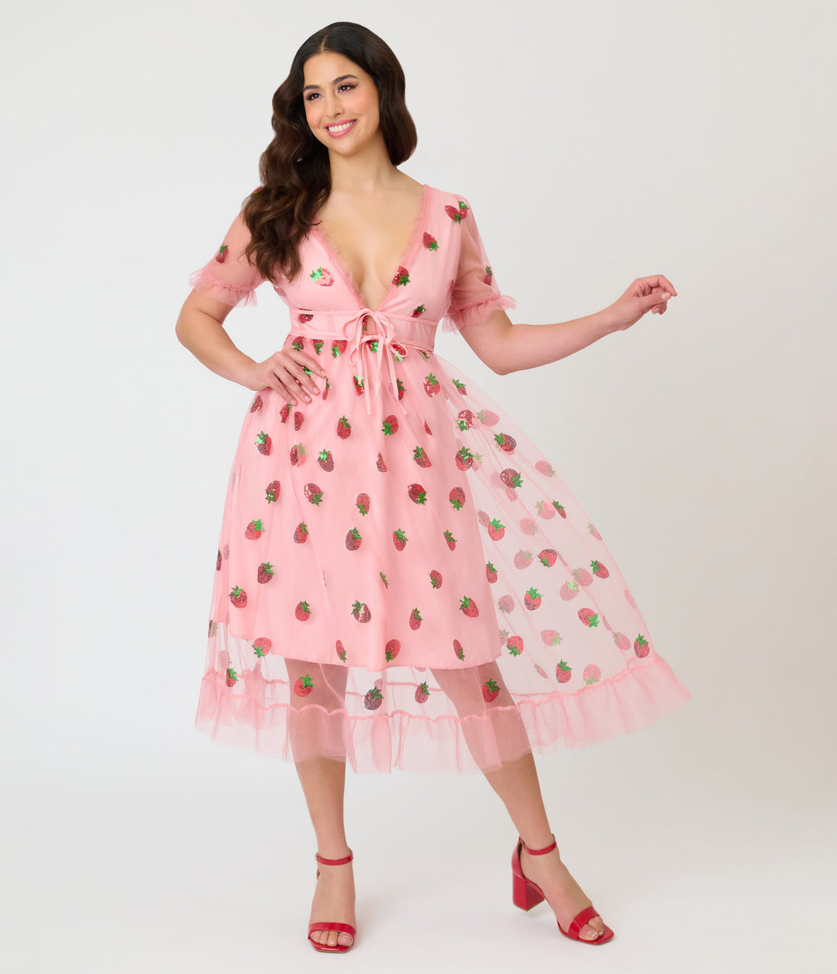 Pink Strawberry Sequin Mesh Midi Dress