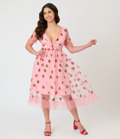 Pink Strawberry Sequin Mesh Midi Dress