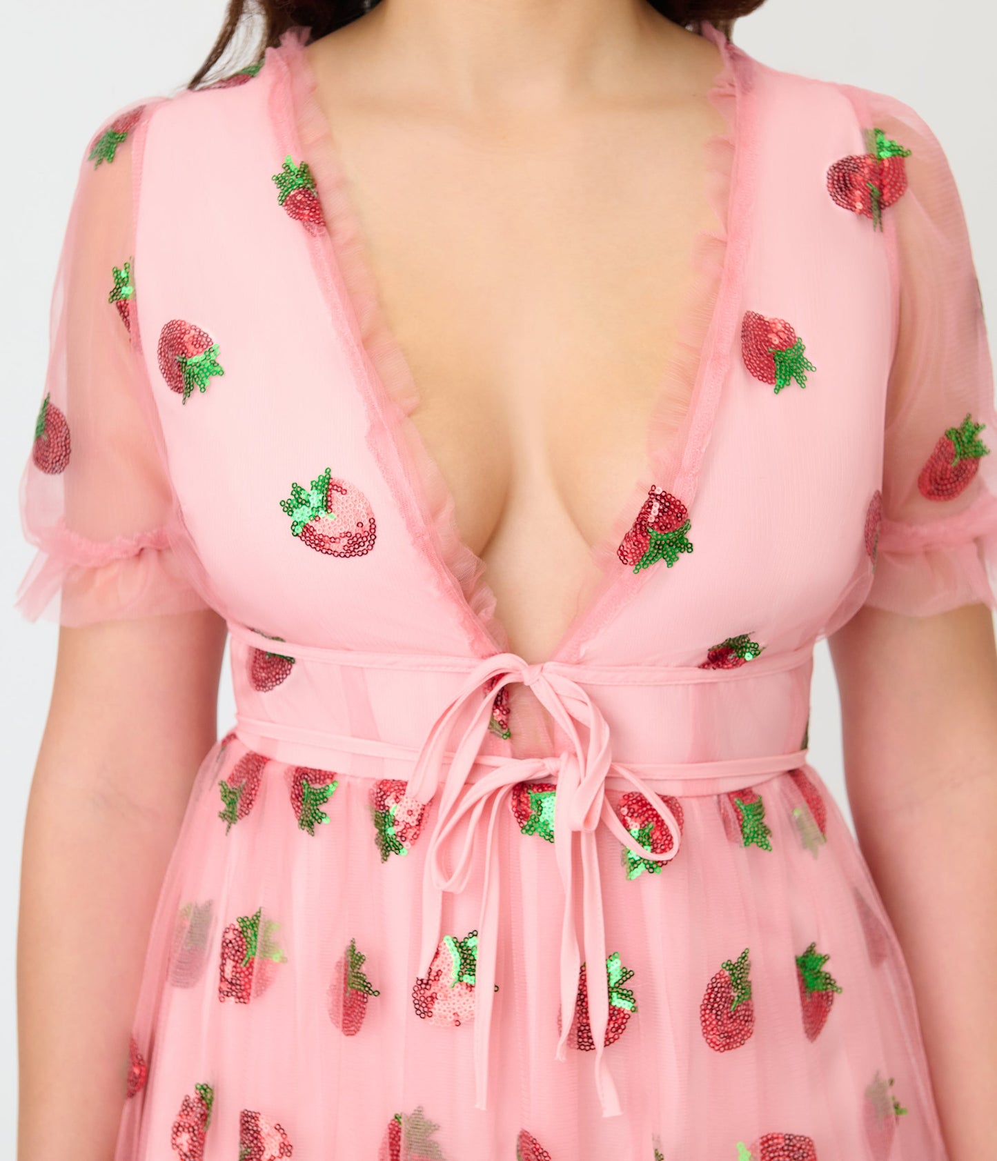 Pink Strawberry Sequin Mesh Midi Dress