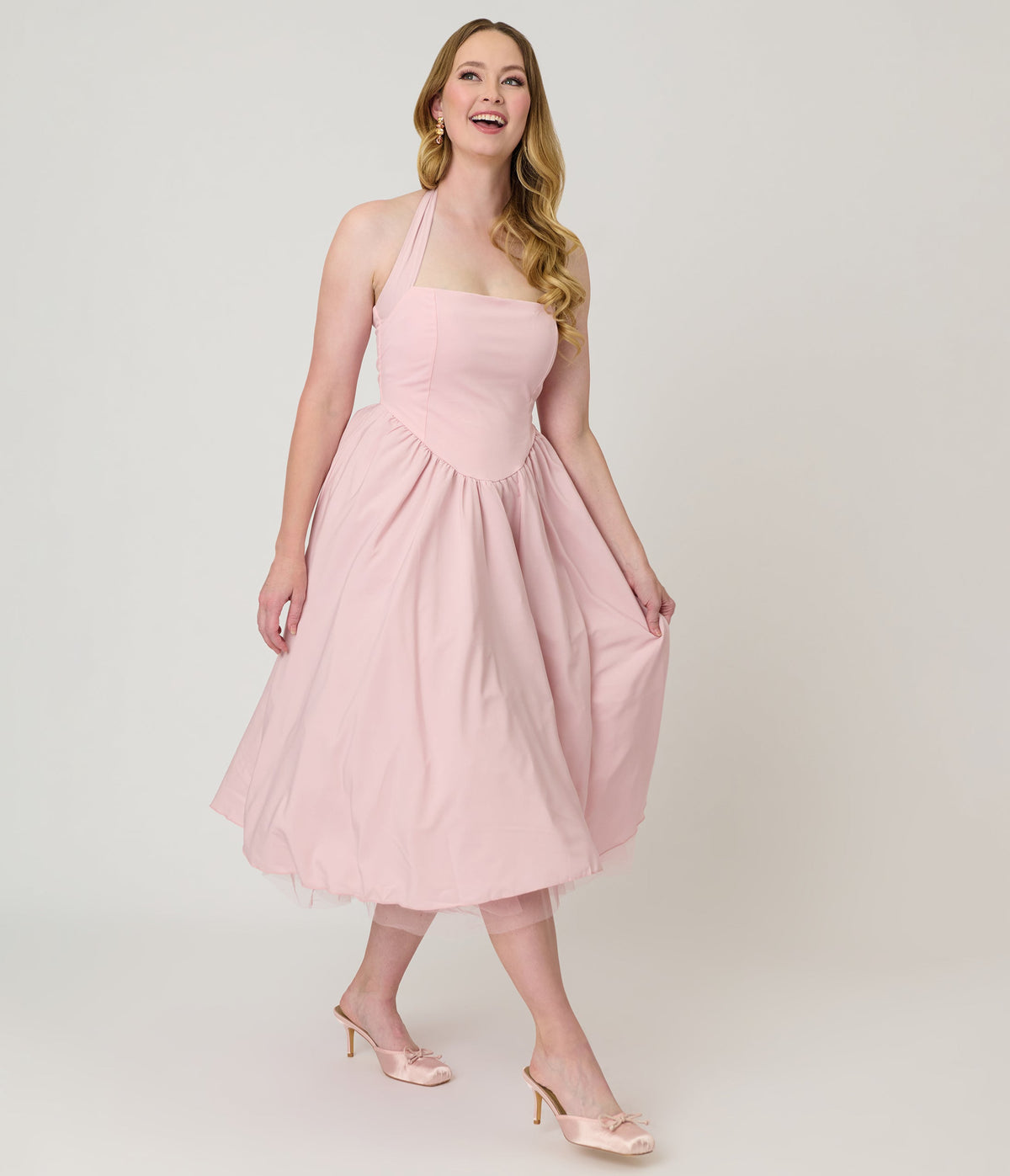 Light Pink Halter Flare Midi Dress