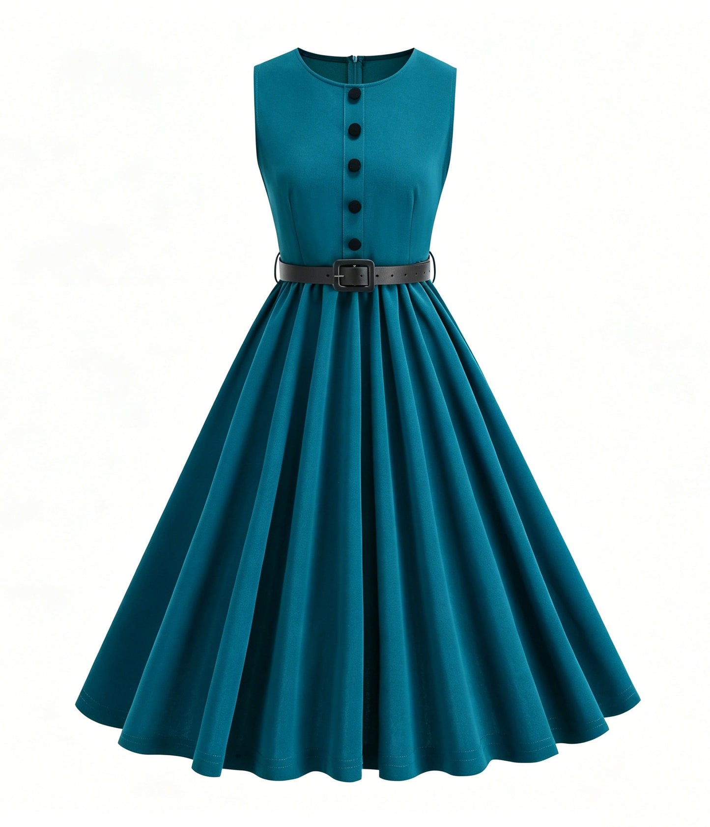 Teal Sleeveless Belted Swing Dress