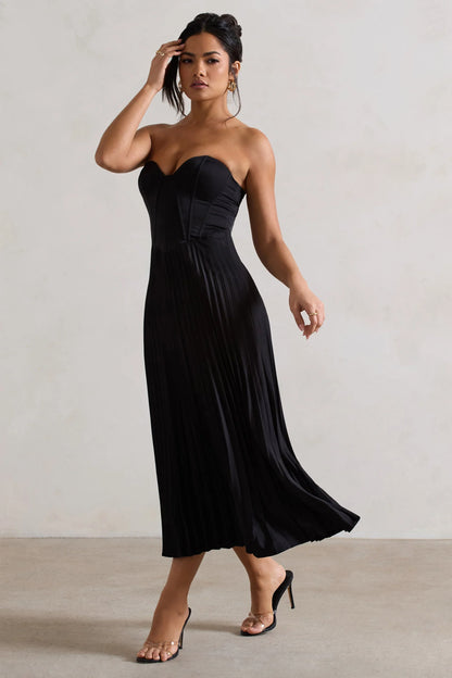 Bordeaux Black Satin Corset Style Midi Dress