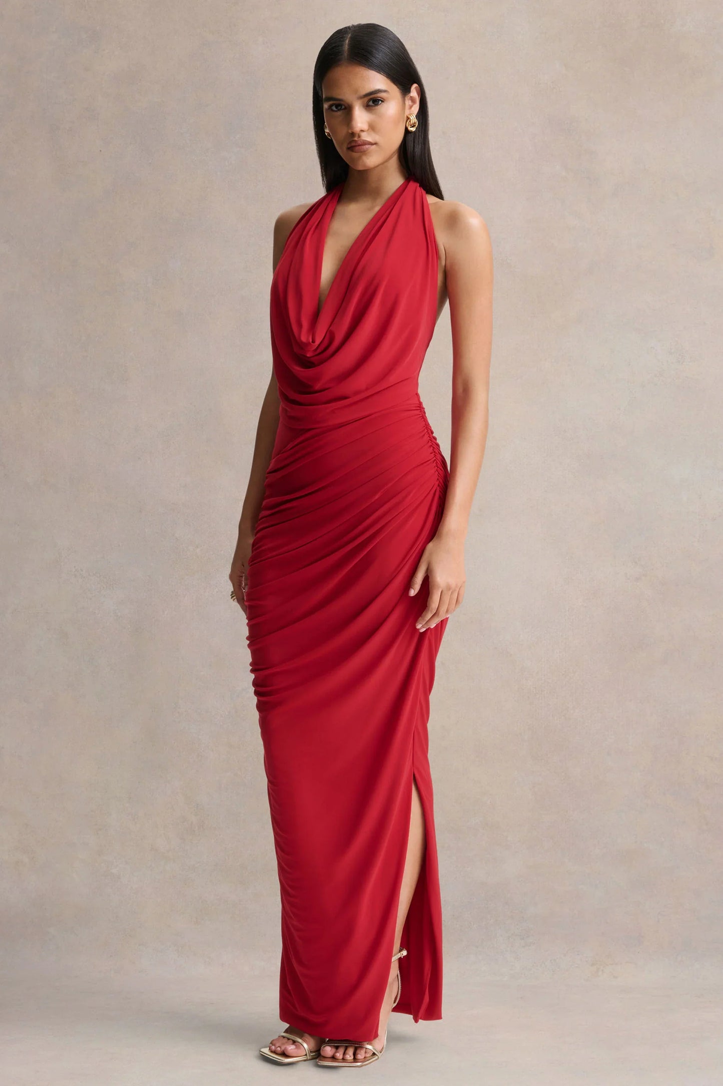 Cairo Red Cowl Neck Maxi Dress With Gathered Detailing