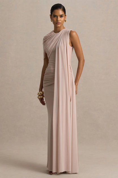 Brenda Champagne Crew Neck Maxi Dress With Mesh Cape And Sash