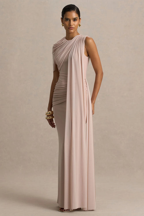 Brenda Champagne Crew Neck Maxi Dress With Mesh Cape And Sash