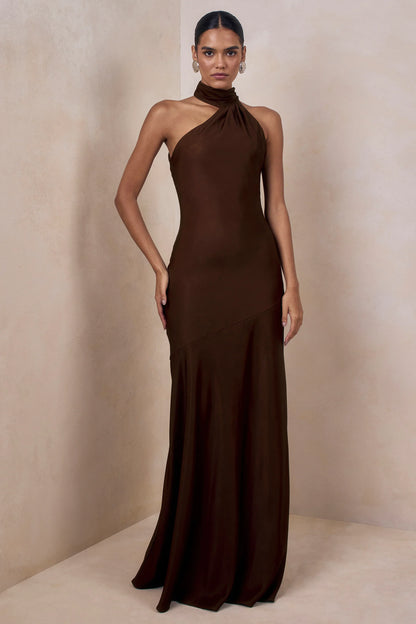 Cara Brown Matte Satin High Neck Maxi Dress