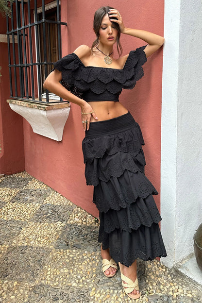 Breathtaking Black Broderie Ruffled Bardot Crop Top