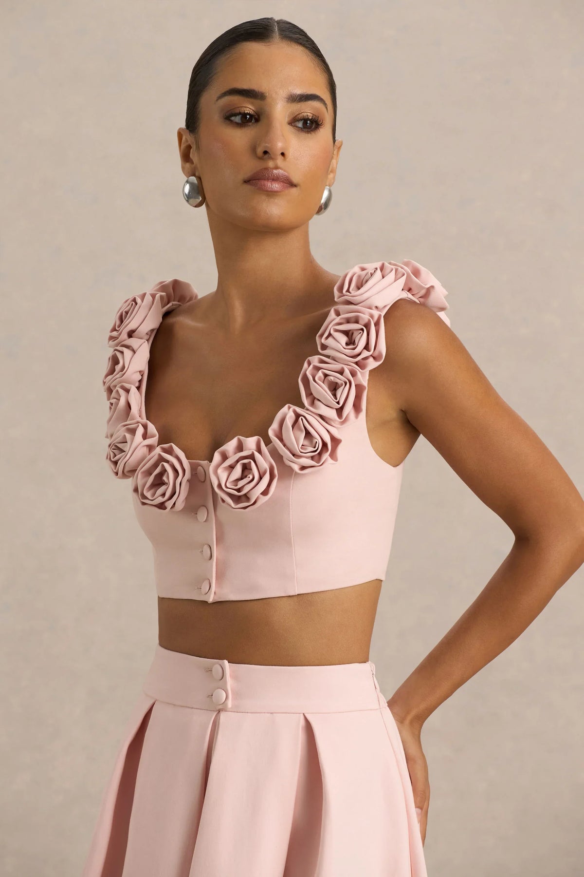 Blade Baby Pink Scoop Neck Crop Top With Corsage Details