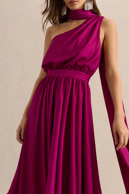 Caluna Hot Pink Satin Asymmetric Neck Midi Dress With Scarf Detail