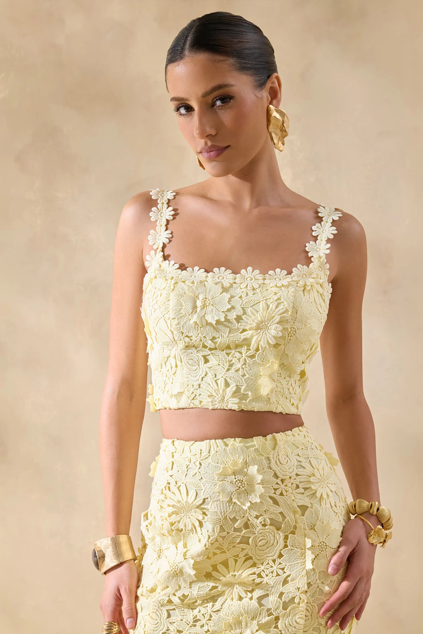 Blythe Lemon Lace Square Neck Crop Top