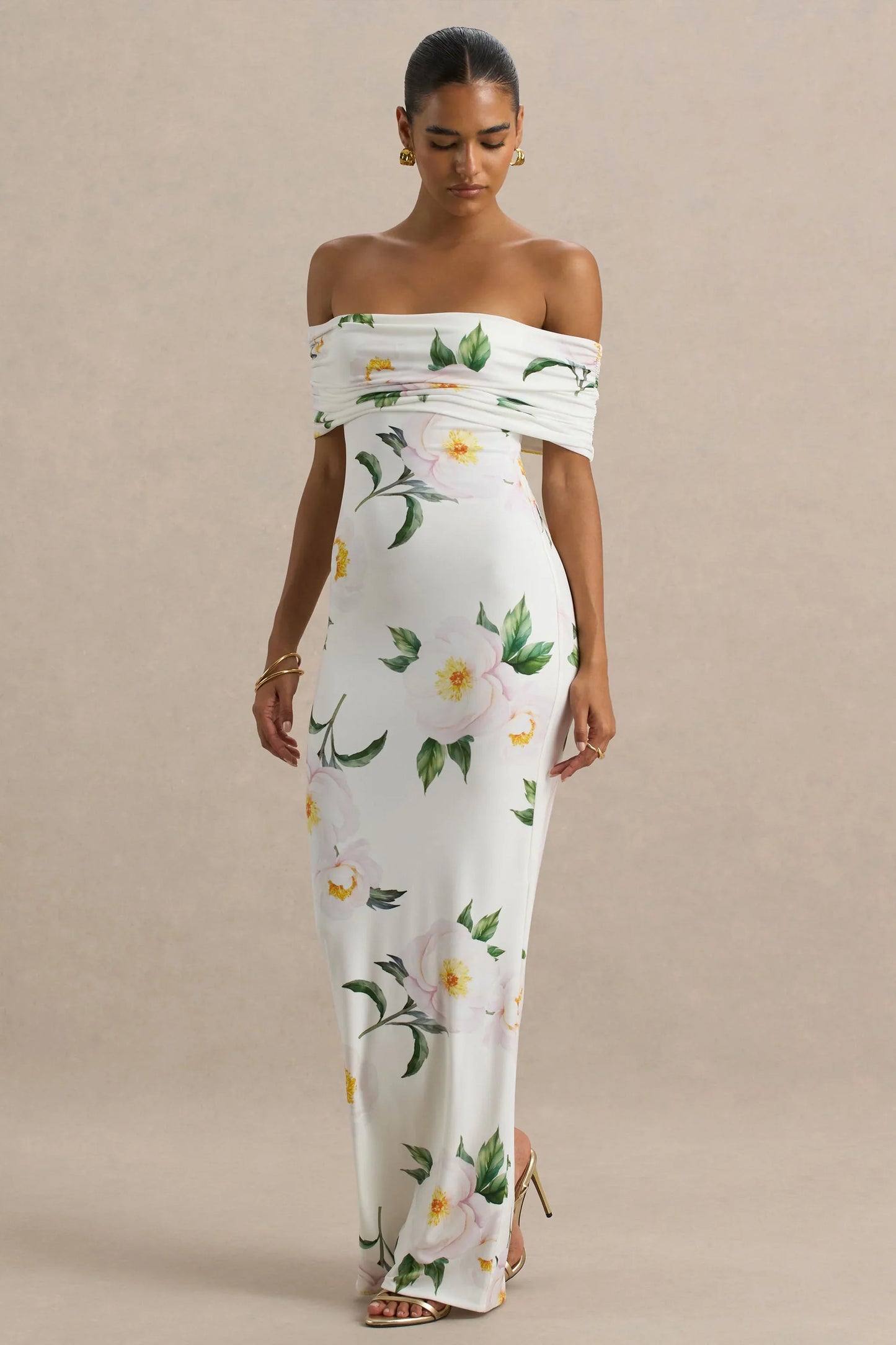 Capri White Rose Print Bardot Neck Maxi Dress With Ruched Detailing