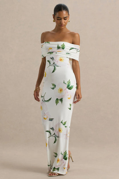 Capri White Rose Print Bardot Neck Maxi Dress With Ruched Detailing
