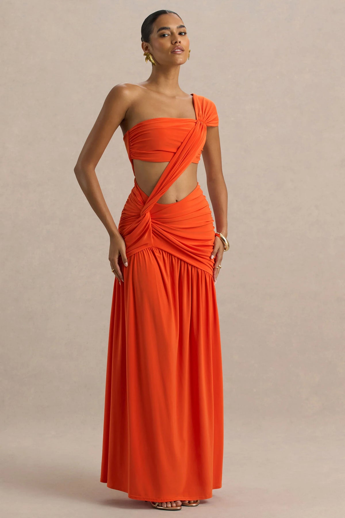Cadiz Orange Asymmetric Maxi Dress With Cut Out Detail and Open Back
