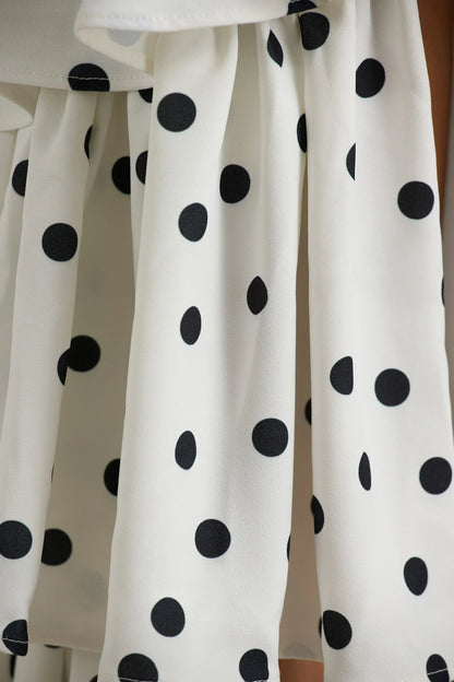 Bogota Polka Dot Plunge Neck Maxi Dress With Ruffling Details And Front High Split