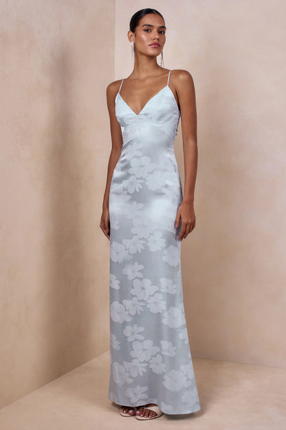 Carelle Powder Blue Satin Plunge Neck Maxi Dress With Asymmetric Drop Waist