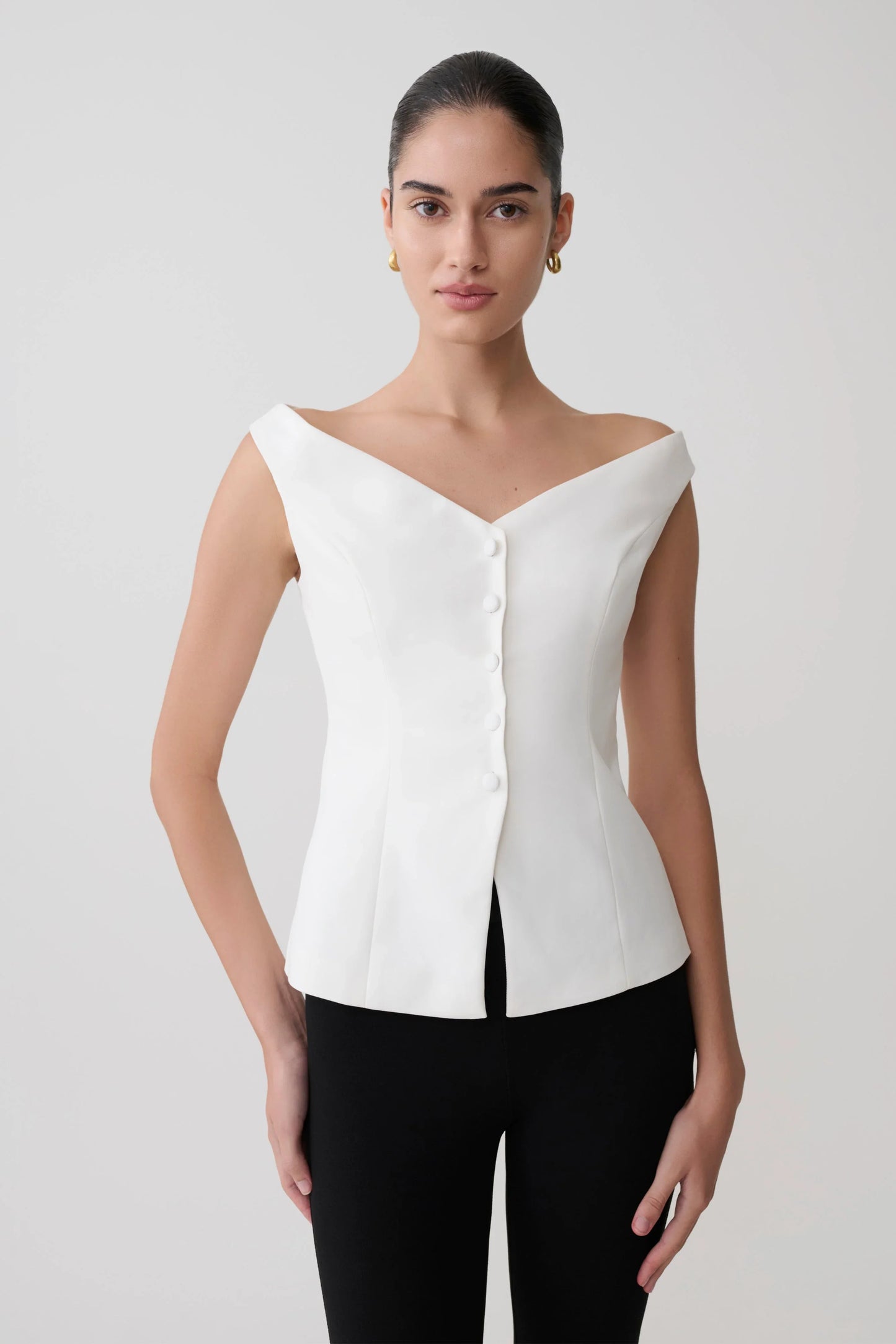 Billie Off Shoulder Sleeveless Button Top White