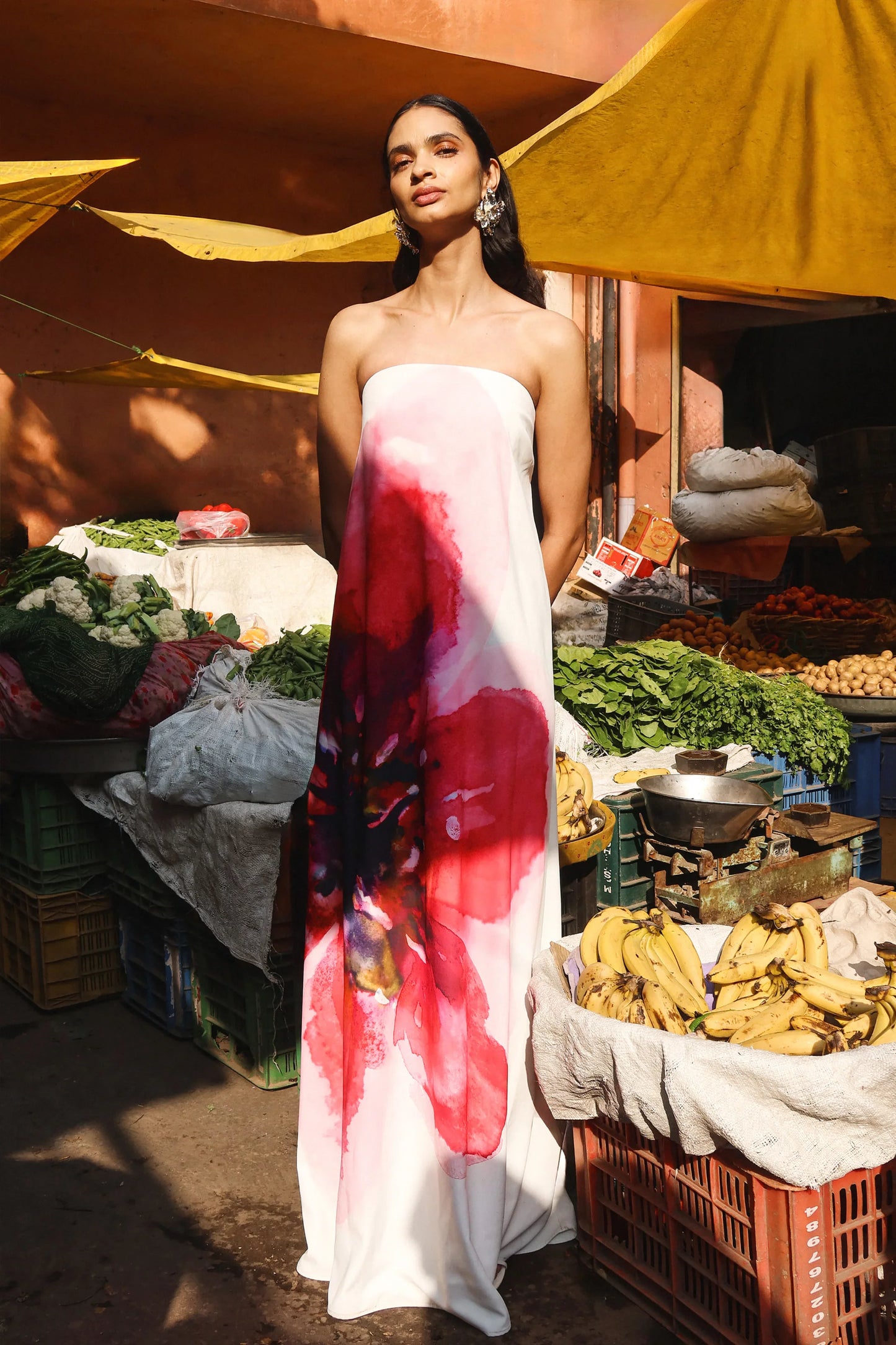 Breonna Bright Pink Floral Placement Print Bandeau Maxi Dress