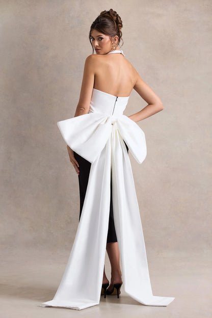 Blanca Black White Halter Neck Cut Out Midi Dress With Oversized Bow