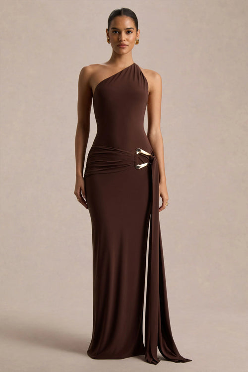 Bonnie Brown Asymmetric Neck Maxi Dress With Open Back