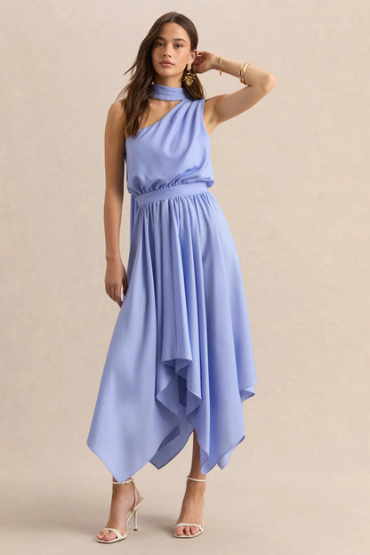 Caluna Powder Blue Satin Asymmetric Neck Midi Dress With Scarf Detail