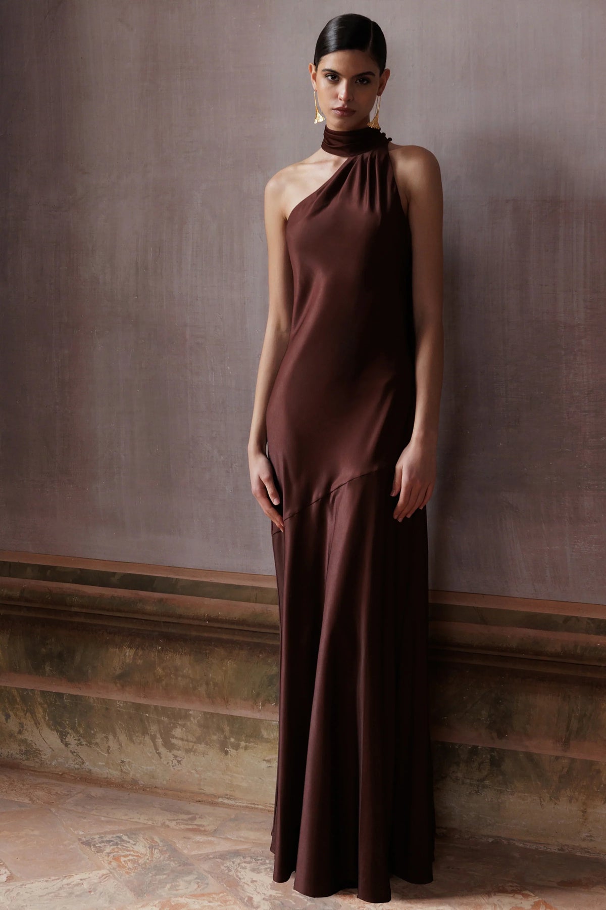 Cara Brown Matte Satin High Neck Maxi Dress