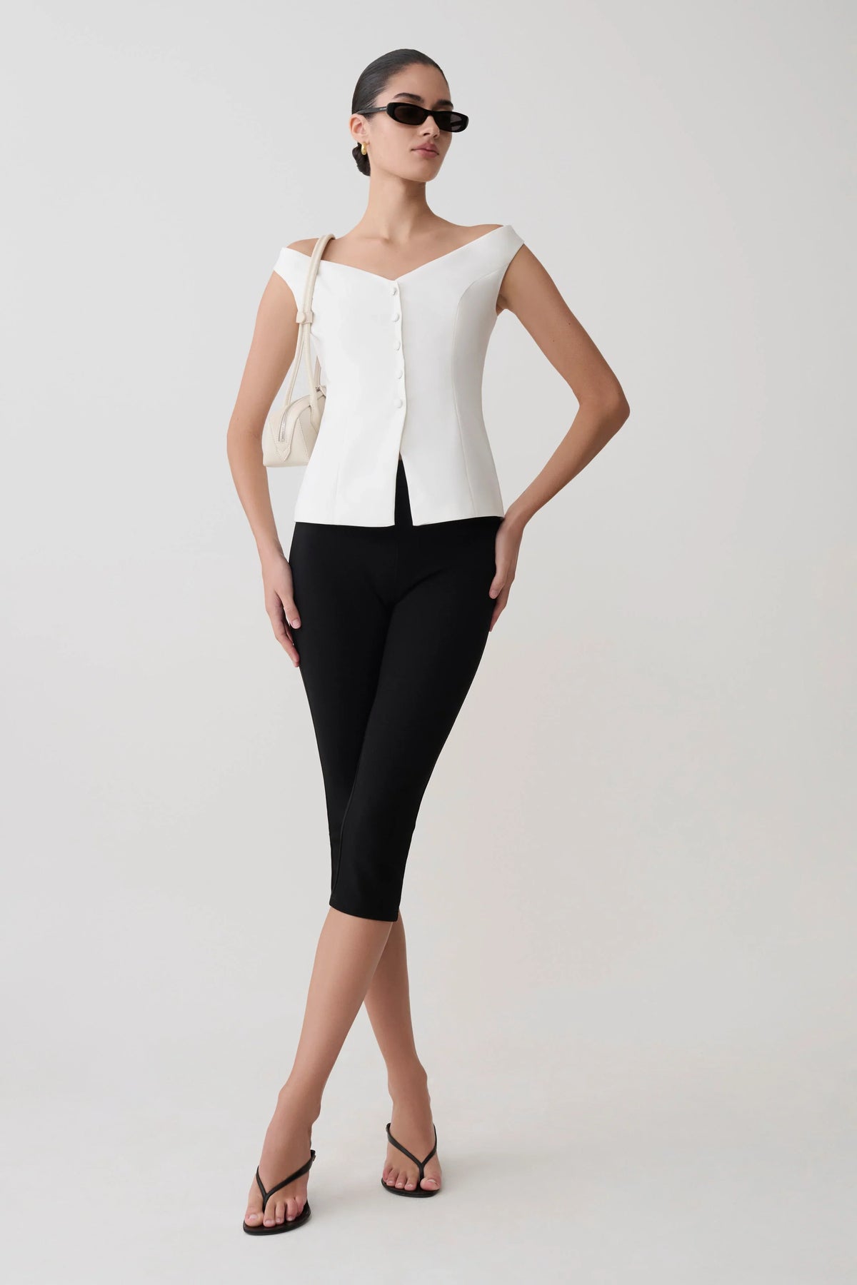 Billie Off Shoulder Sleeveless Button Top White
