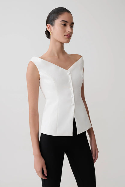 Billie Off Shoulder Sleeveless Button Top White