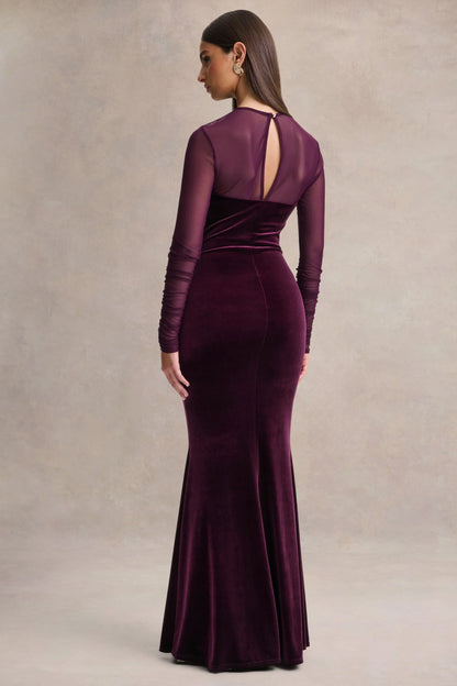 Cambria Plum Velvet High Neck Maxi Dress With Draped Detailing