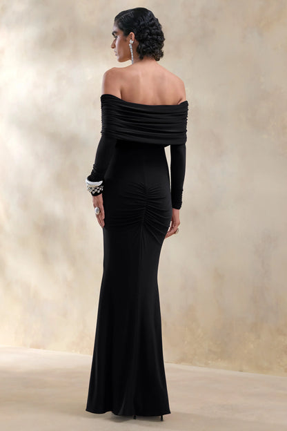 Brisea Black Bardot Neck Maxi Dress