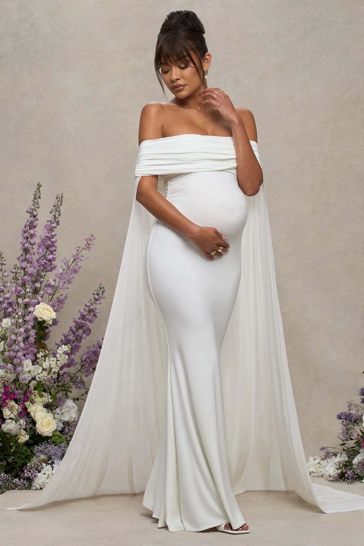 Carlotta White Bardot Maternity Maxi Dress With Chiffon Cape