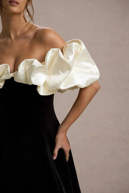 Brynne Black Cream Velvet Mini Dress With Satin Puff Sleeves