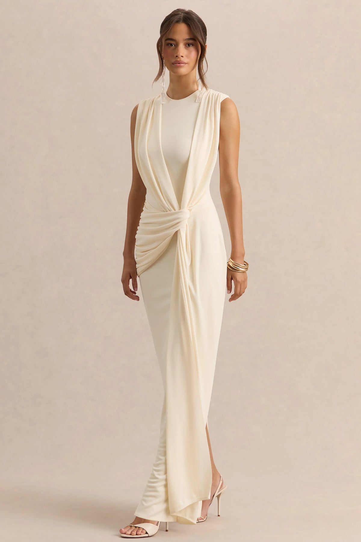 Blythia Cream Round Neck Maxi Dress With Gathered Detailing
