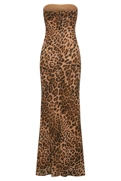 Breanna Strapless Chiffon Maxi Dress Leopard Print