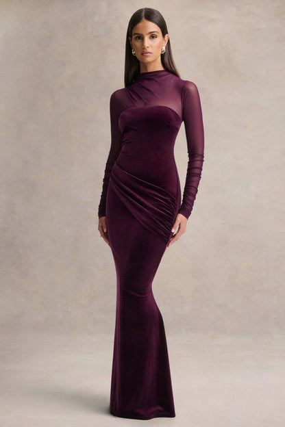 Cambria Plum Velvet High Neck Maxi Dress With Draped Detailing