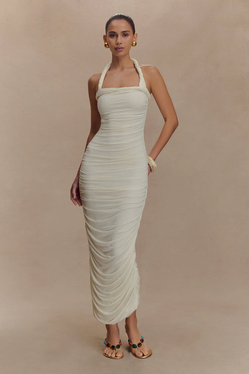 Camila Ruched Halter Midi Dress Ivory
