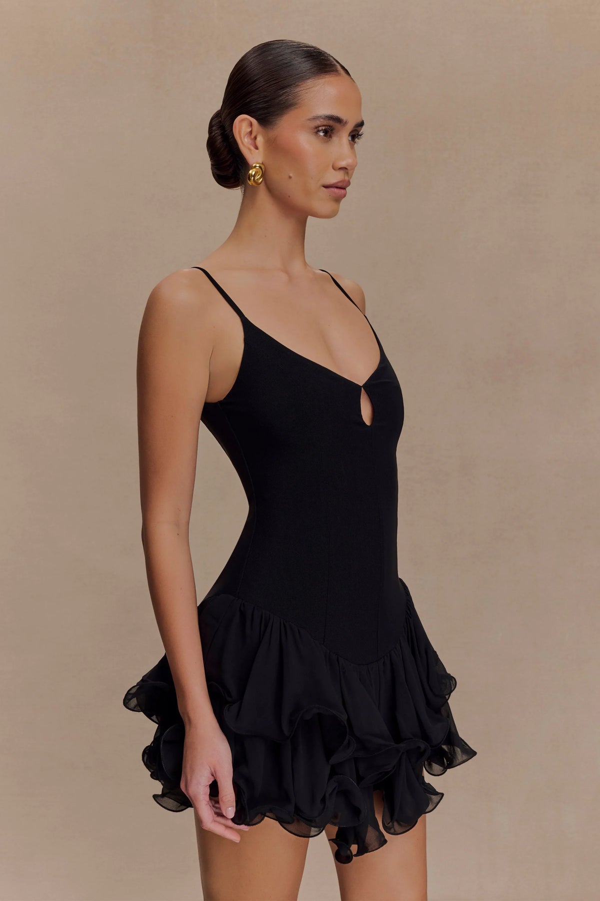 Calantha Ruffle Mesh Mini Dress Black