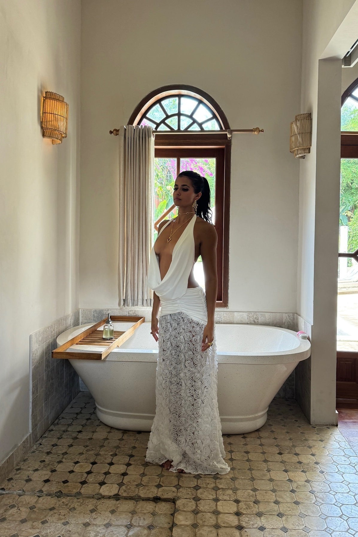 3D Floral Ruched Backless Maxi Dress