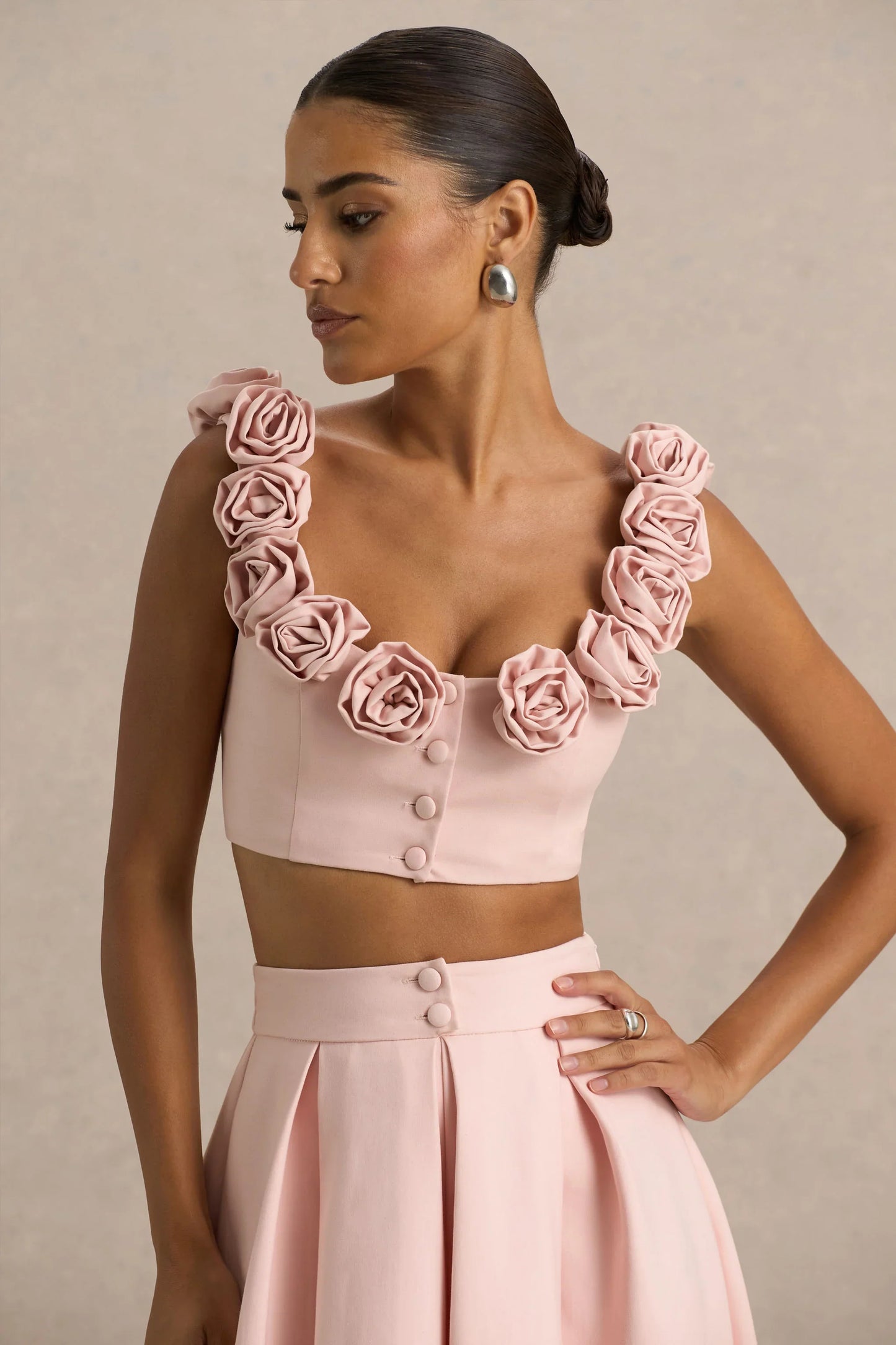 Blade Baby Pink Scoop Neck Crop Top With Corsage Details
