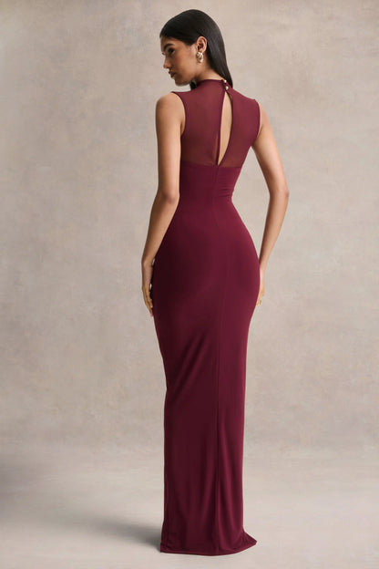 Brialle Burgundy High Neck Maxi Dress With Mesh And Gathered Detailing