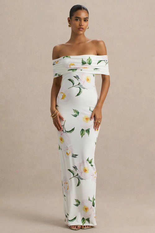 Capri White Rose Print Bardot Neck Maxi Dress With Ruched Detailing