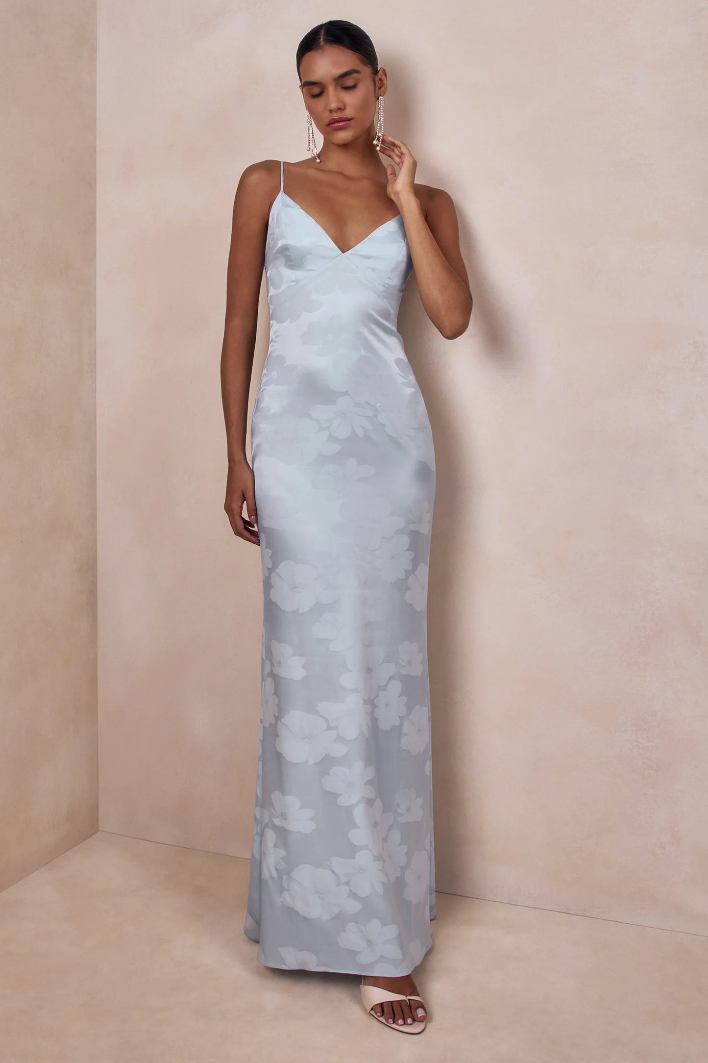Carelle Powder Blue Satin Plunge Neck Maxi Dress With Asymmetric Drop Waist