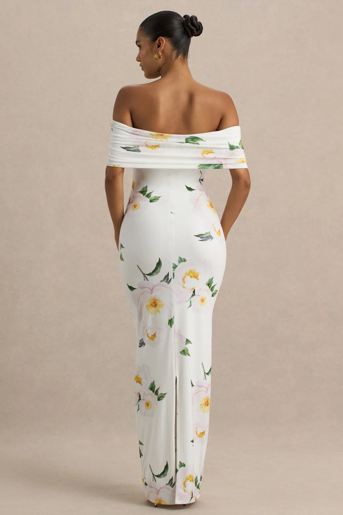 Capri White Rose Print Bardot Neck Maxi Dress With Ruched Detailing