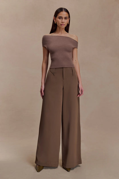 Carley Off Shoulder Knit Top Cacao Brown