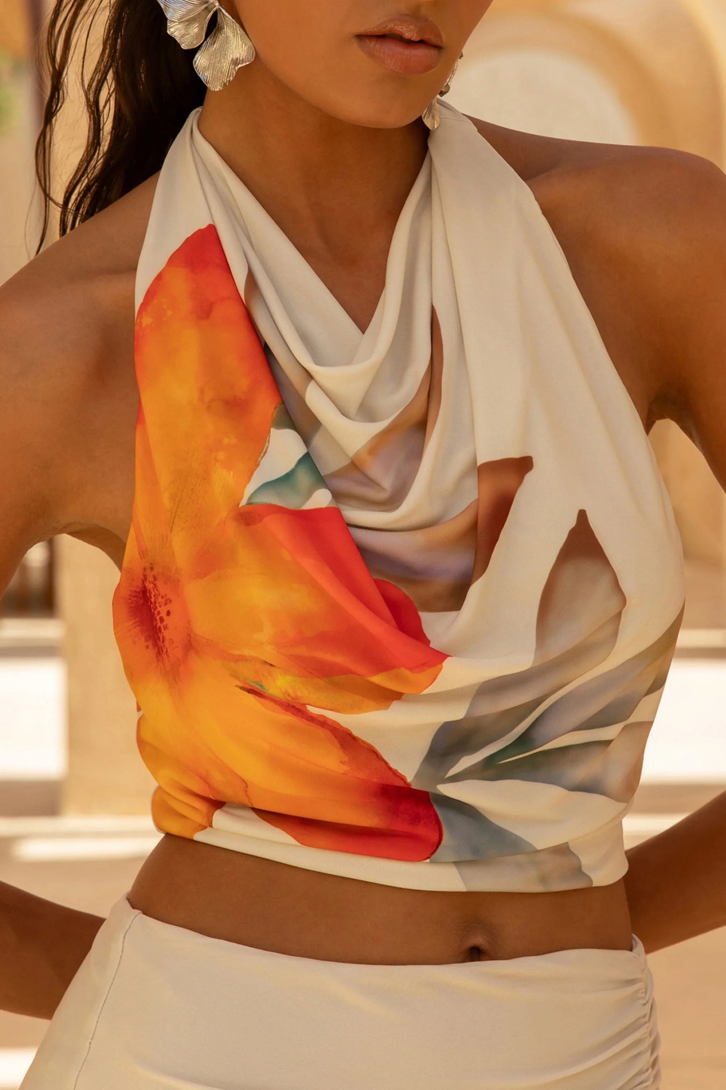 Calla Orange Floral Print High Neck Crop Top